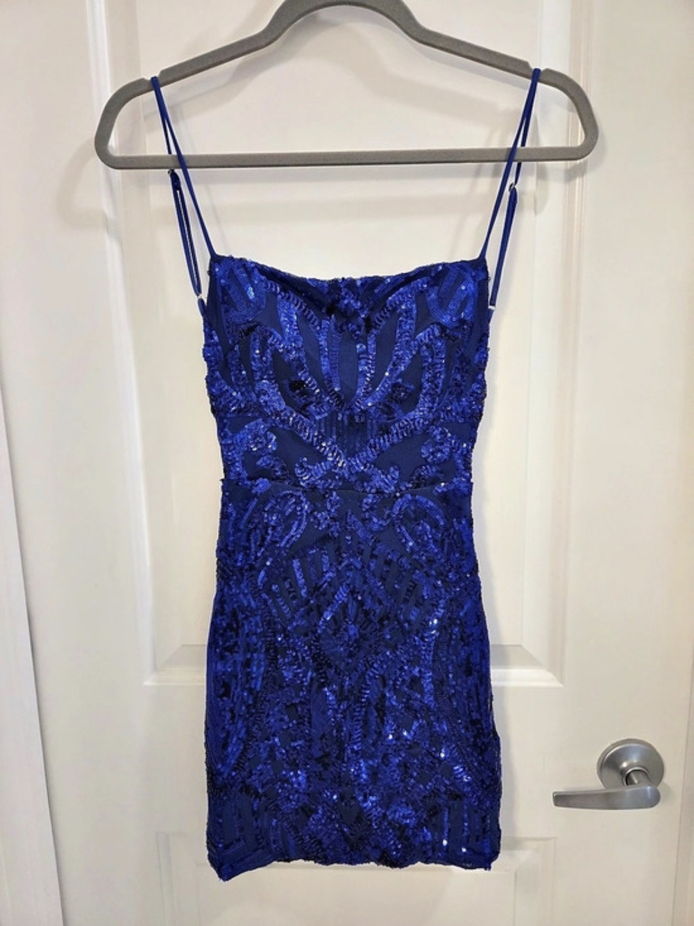 Lucy in the Sky Floral Beaded Sequin Open Back Dress in Royal Blue